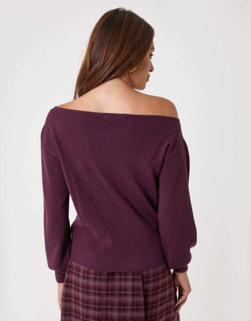 Threadbare Soft slash neck jumper in plum, 2 of 4