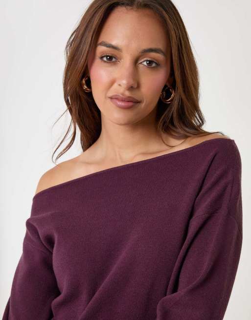 Threadbare Soft slash neck jumper in plum, 3 of 4