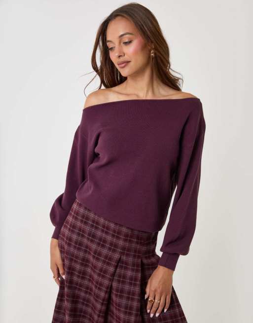 Threadbare Soft slash neck jumper in plum, 4 of 4