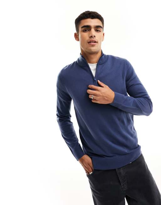 Threadbare soft touch half zip funnel neck jumper in denim blue | ASOS