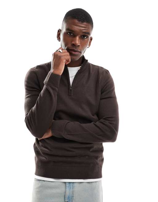 Threadbare soft touch half zip funnel neck sweater in brown