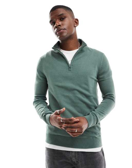 Threadbare soft touch half zip funnel neck sweater in dark forest green