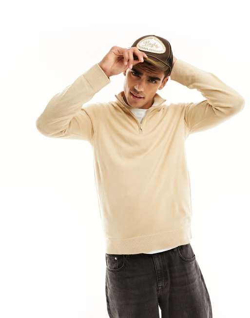 Threadbare soft touch half zip funnel neck sweater in oatmilk