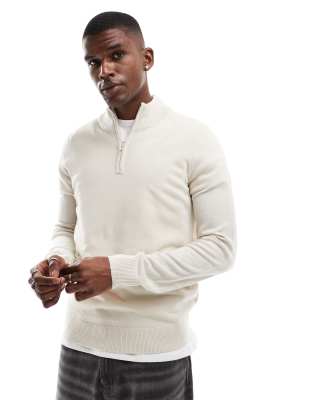 soft touch half zip funnel neck sweater in stone-Neutral