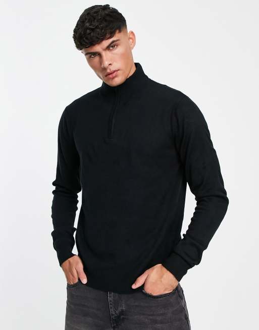 Threadbare soft touch quarter zip funnel neck jumper in black | ASOS