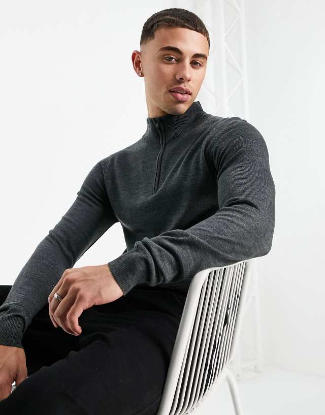 Threadbare soft touch quarter zip funnel neck sweater in charcoal