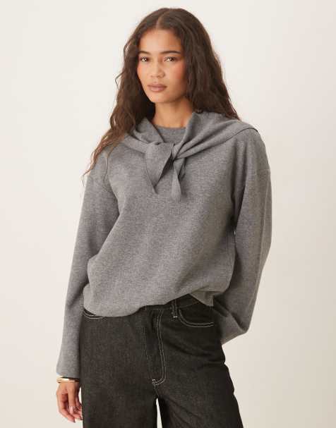 Threadbare soft touch sweater with scarf detail in charcoal - view 1