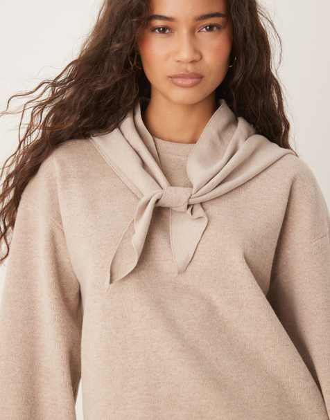 Threadbare soft touch sweater with scarf detail in oat - view 1
