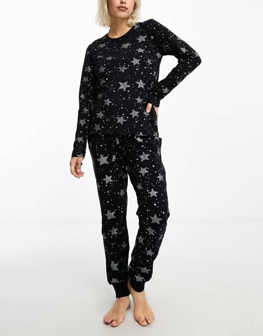Threadbare - Sort langt loungesæt i jersey med print