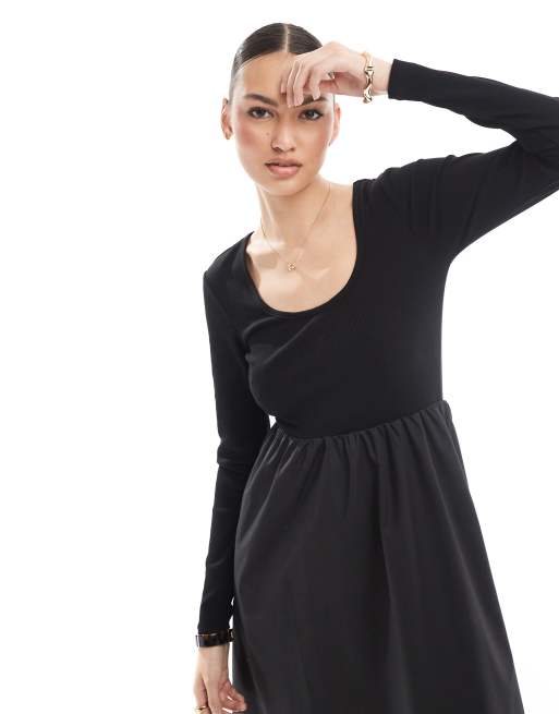 Threadbare - Sort midikjole med lange ærmer i jersey og poplin, 2 af 4