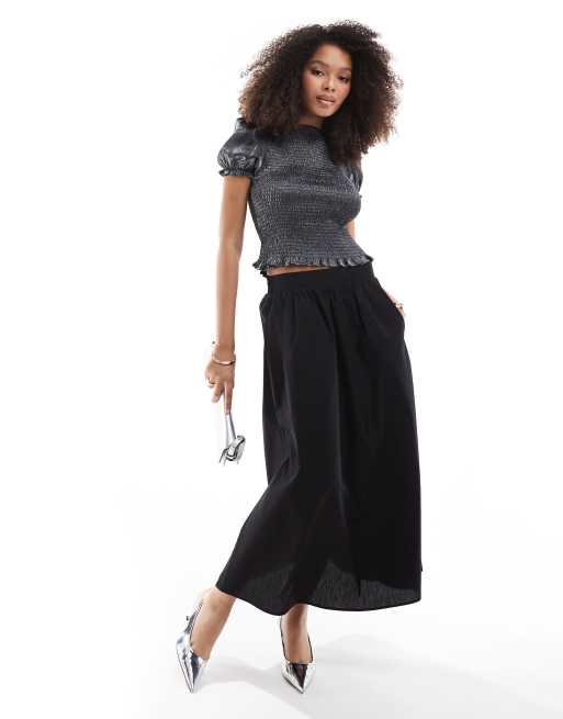 Threadbare - Sort midinederdel i poplin