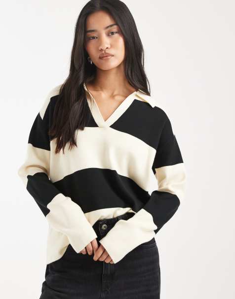 Threadbare - Sort og ecrufarvet rugbytrøje med polokrave og striber - view 1