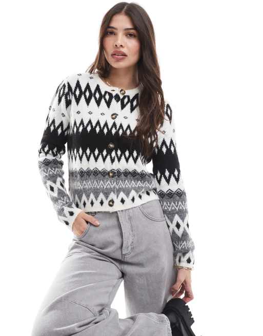 Threadbare - Sort og hvid cardigan med fairisleprint og knapper