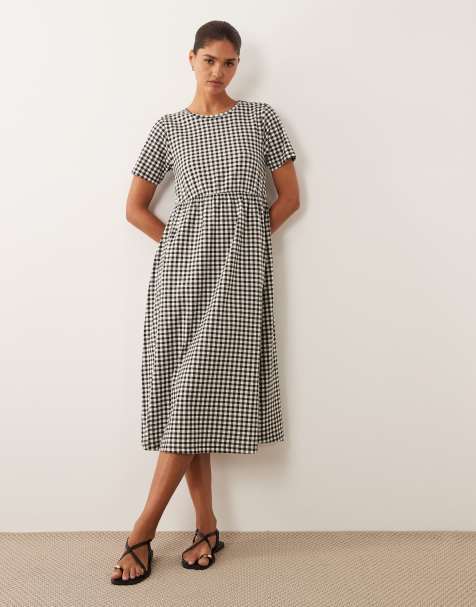 Threadbare - Sort og hvid kortærmet midikjole i jersey med gingham-tern - view 1