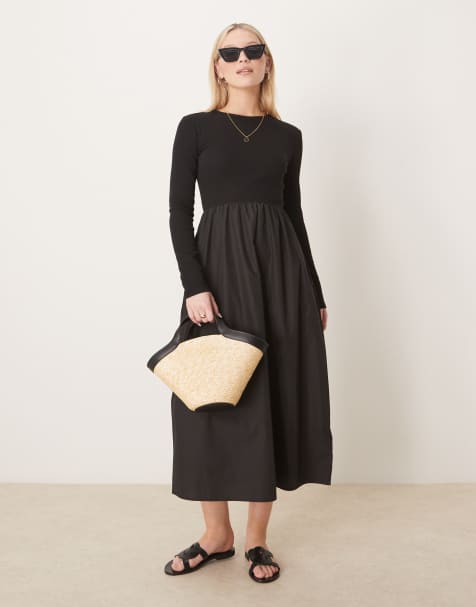 Threadbare - Sort og langærmet midikjole med poplin-nederdel - view 1
