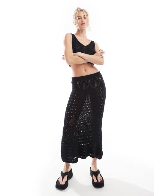Threadbare - Sort sæt med hæklet croptop og maxinederdel