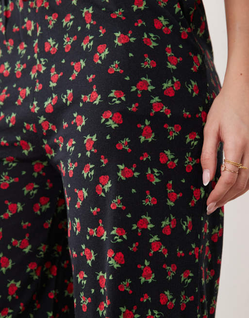 Threadbare - Sorte pull-on-bukser med løbesnor og rødt blomstermønster i jersey, 4 af 5