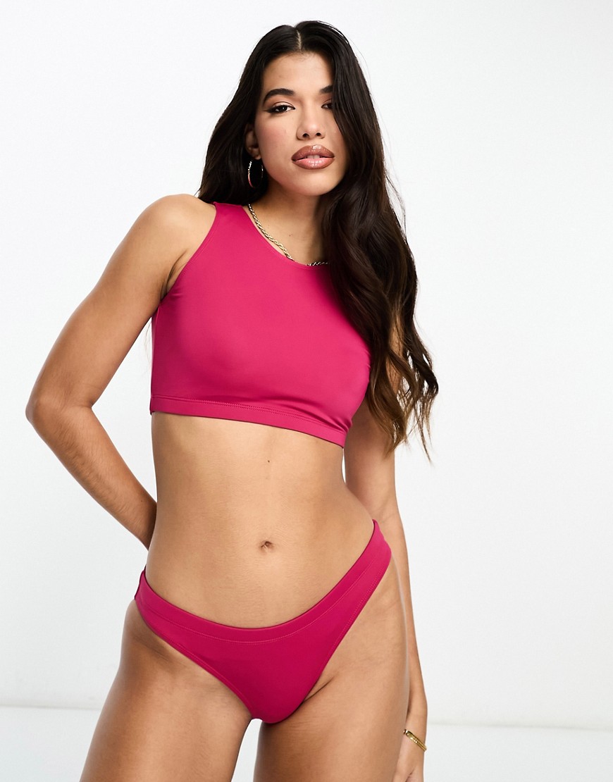 sporty high neck bikini top and bottom set in magenta pink