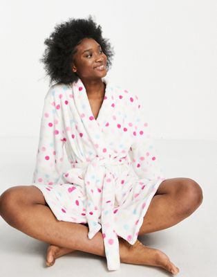 Threadbare spotty supersoft dressing gown in white