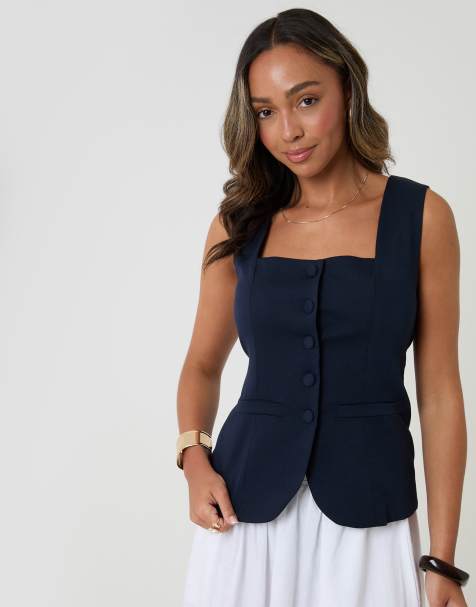 Threadbare Square neck tailored waistcoat in navy