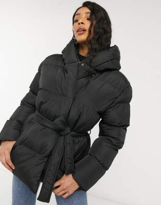 Threadbare stanley tie waist mid length puffer jacket with hood in black