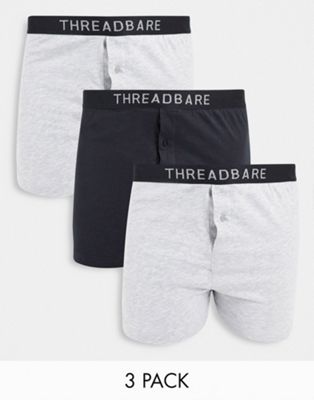 Threadbare stevie 3 pack loose fit boxers in black and grey