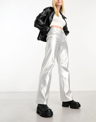 Threadbare straight leg faux leather trousers in silver