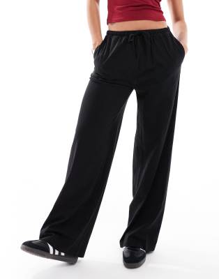 straight leg jersey pants with tie waist in black