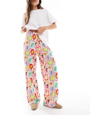 [Threadbare] Threadbare straight leg jersey pants with tie waist in postcard print-Multi 10 MULTI