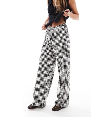 Threadbare straight leg jersey trousers with tie waist in black and white gingham print - view 1