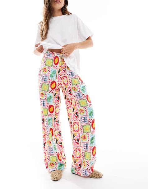 Threadbare straight leg jersey trousers with tie waist in postcard print - view 1