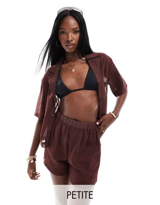 Threadbare – Strand-Set zum Überziehen aus Hemd und Shorts in Schokobraun