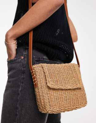 Threadbare straw flap top cross body bag in natural