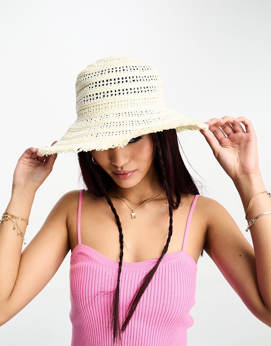 Threadbare straw hat with frayed edge detail in natural-Neutral