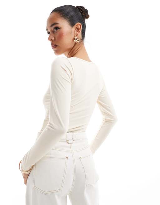 Threadbare stretch bodysuit with slash neck in ecru, 2 of 4