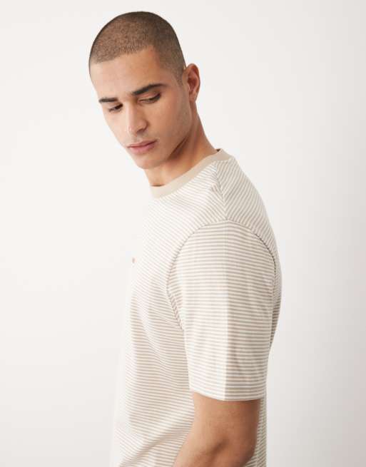 Threadbare - Stribet hvid/beige ringer-T-shirt med grafikprint, 3 af 5