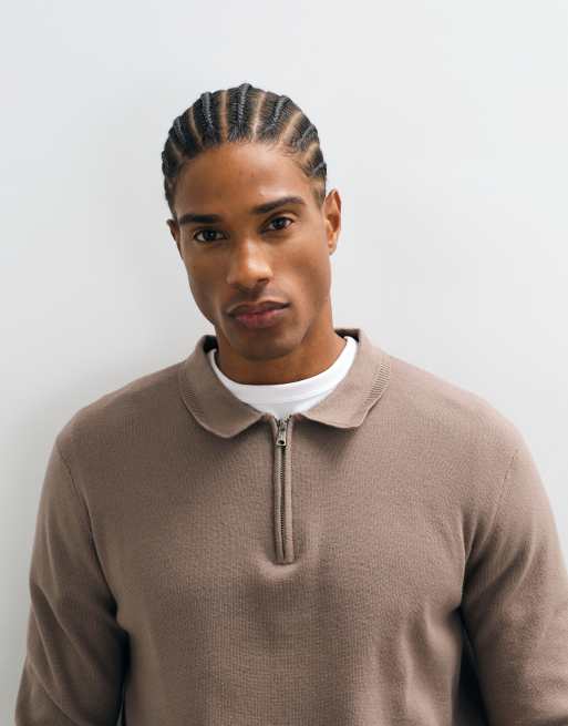 Threadbare Strick-Polo mit 1/4-Reißverschluss in Taupe, 4 von 5