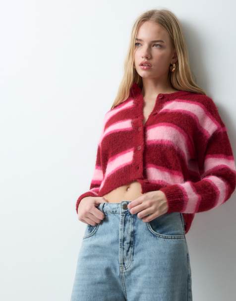 Threadbare Strickjacke aus gebürstetem Strick mit burgunderroten Streifen - view 1