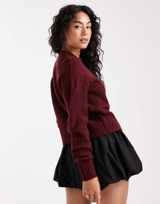 Threadbare – Strickjacke in Burgunderrot mit Rundhalsausschnitt und Knopfleiste, 3 von 4