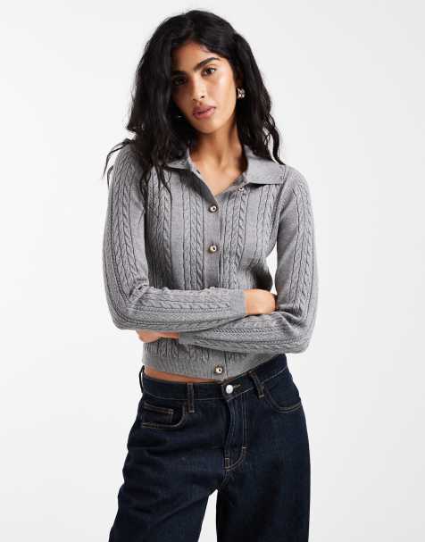 Threadbare – Strickjacke in Grau mit Zopfstrickmuster und Kragen - view 1