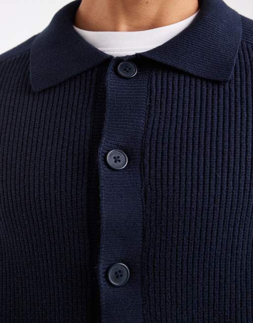 Threadbare – Strickjacke in Marineblau mit Knopfleiste und Kragen, 5 von 5