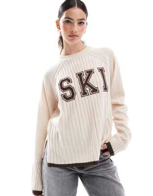 Threadbare - Strickpullover in Ecru und Braun mit „Ski"-Design-Weiß