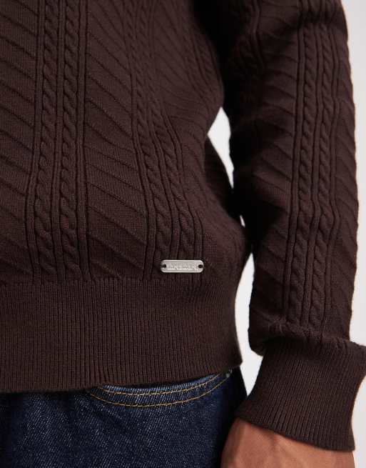 Threadbare – Strickpullover in Schokobraun mit kurzem Reißverschluss und Zopfmuster, 5 von 5