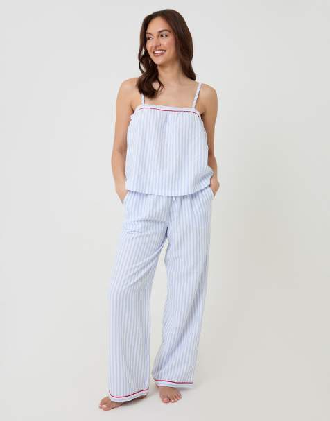 Threadbare Stripe a-line cami seersucker pyjama set in blue - view 1