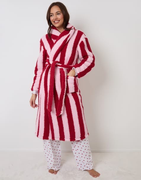 Threadbare Stripe borg dressing gown in pink - view 1