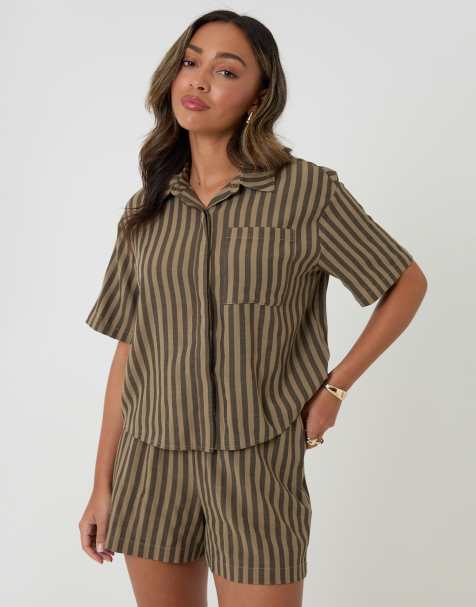 Threadbare Stripe boxy fit shirt and shorts set in chocolate - view 1
