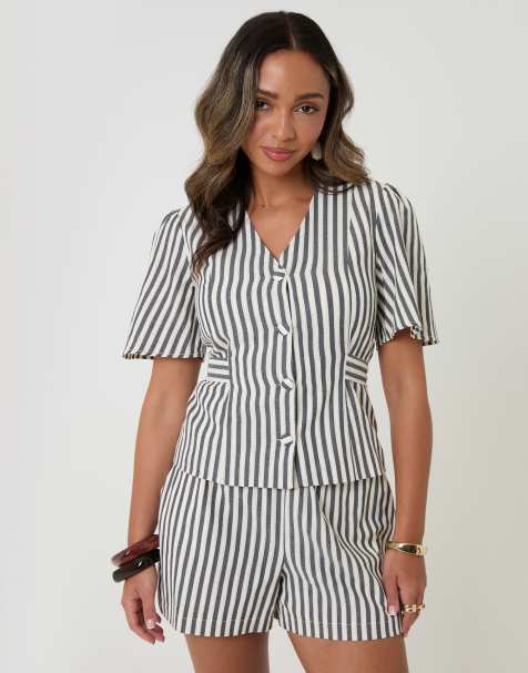 Threadbare Stripe flutter sleeve top in navy - view 1