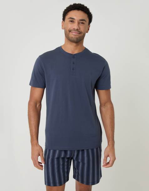 Threadbare Stripe grandad pyjama set in blue - view 1