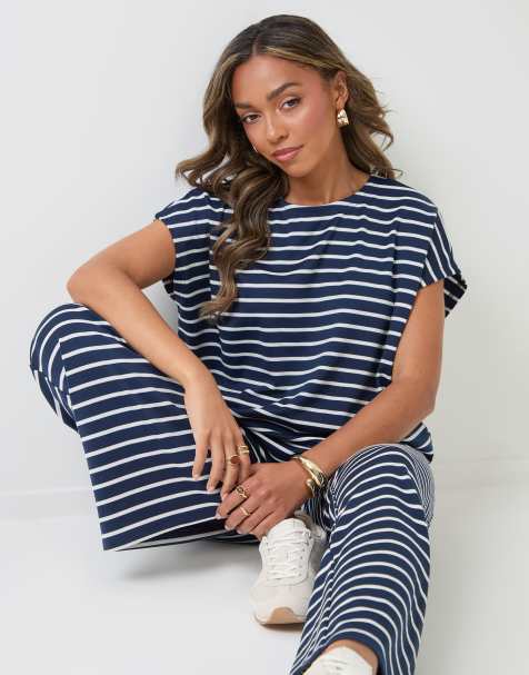 Threadbare Stripe jersey co-ord boxy fit top in navy - view 1