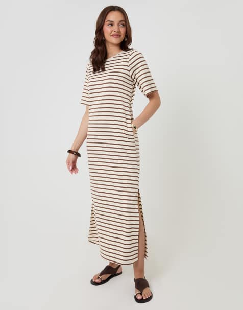 Threadbare Stripe jersey maxi t-shirt dress in ecru